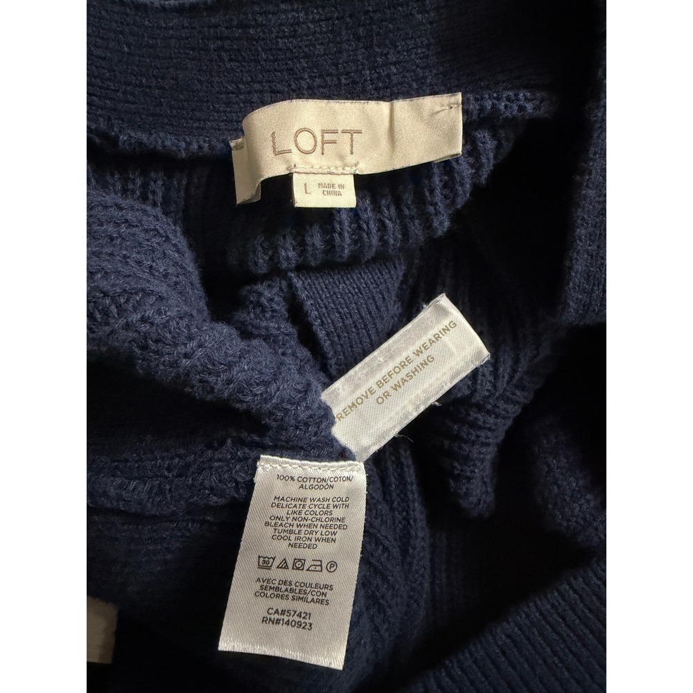LOFT Cotton Knit Navy Blue Shaker Cardigan Sweater Button Front Large - Picture 8 of 9